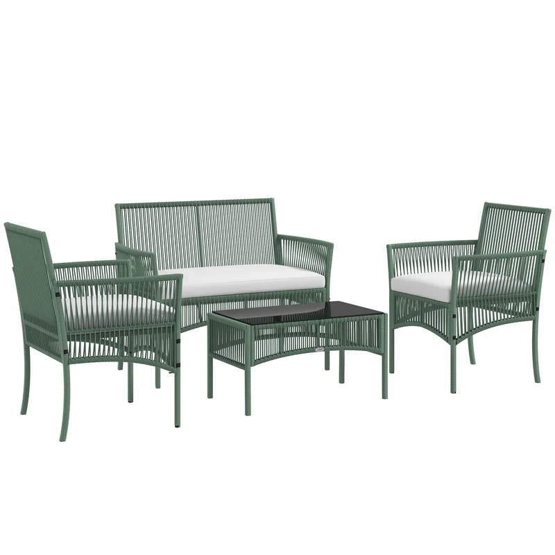 EasyComfort Set da Giardino in Rattan da 4 Pezzi con 2 Poltroncine, Divano e Tavolino da Caffè, Verde