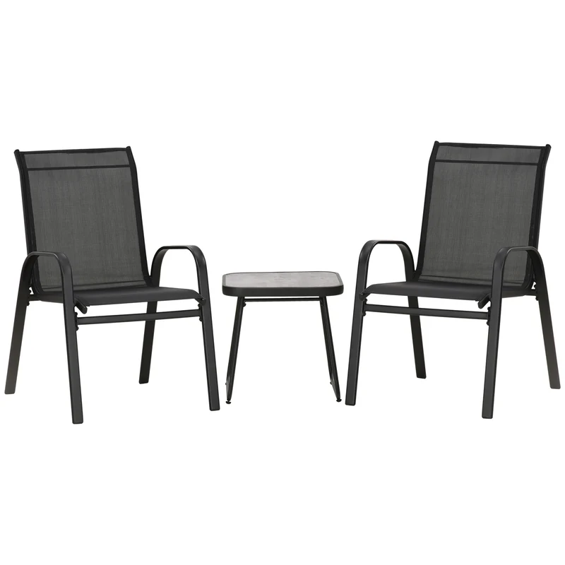 Easycomfort Set da Giardino 3 Pezzi con Tavolino e 2 Sedie Impilabili, in Acciaio e Tessuto Traforato, Nero
