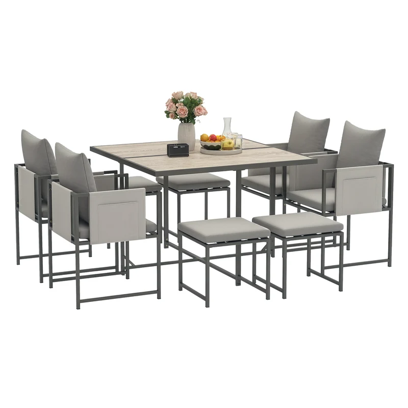 EasyComfort Set Mobili da Giardino con Tavolo da Pranzo, 4 Sedie da Esterno e 4 Sgabelli Poggiapiedi, Grigio