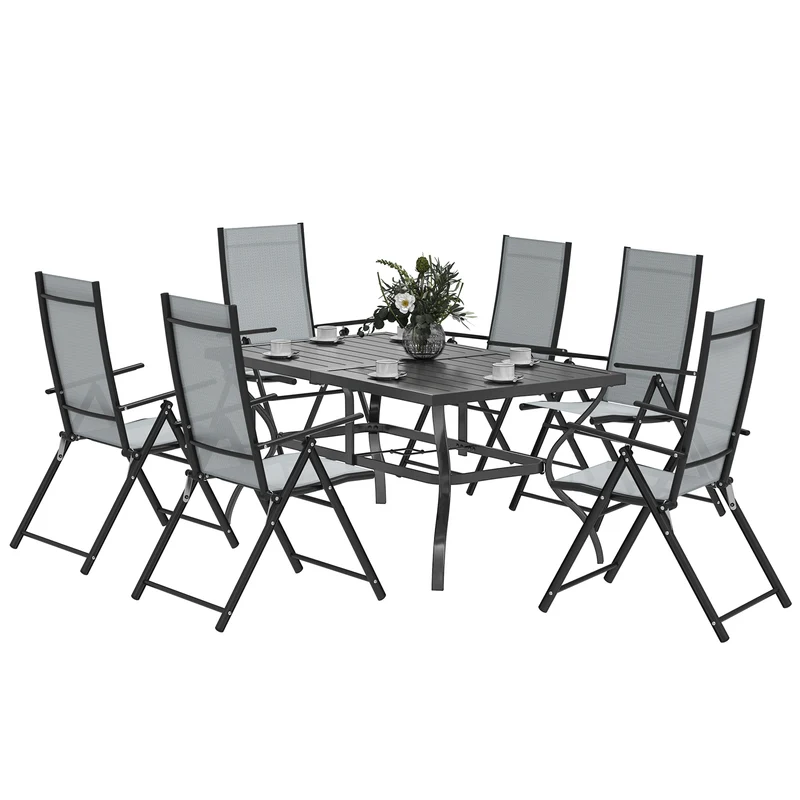 EasyComfort Set da Giardino 7 Pezzi con Tavolo da Pranzo con Foro per Ombrellone e 6 Sedie Pieghevoli, Grigio