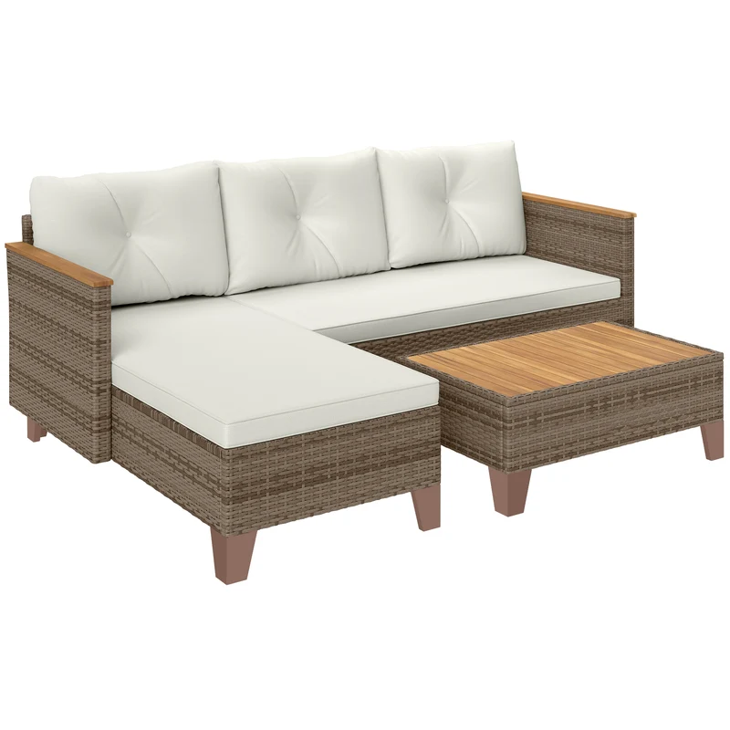 EasyComfort Salotto da Giardino in Rattan PE con Divano 2 Posti, Chaise Longue e Tavolino da Caffè, Crema