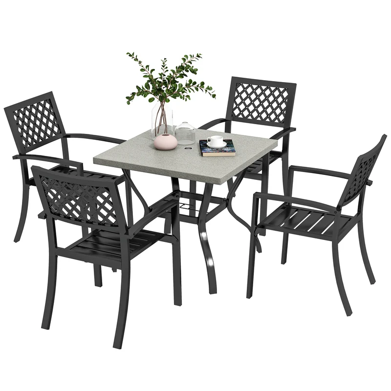 EasyComfort Set da Giardino con 4 Sedie Impilabili e Tavolo Quadrato Effetto Marmo, Grigio