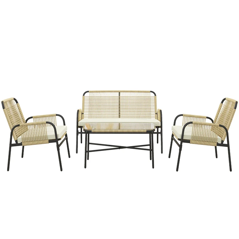 EasyComfort Salotto da Giardino in Rattan PE con Divanetto e 2 Poltrone con Cuscini, Tavolino in Vetro, Giallo