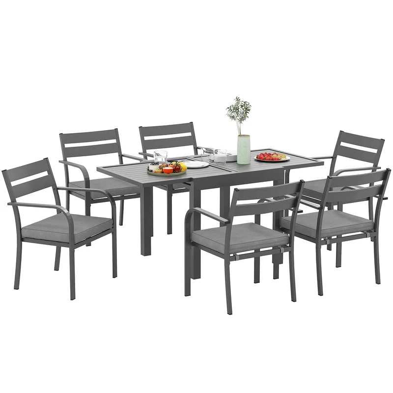 EasyComfort Set da Giardino con Tavolo Allungabile e 6 Sedie Impilabili con Cuscini, Grigio