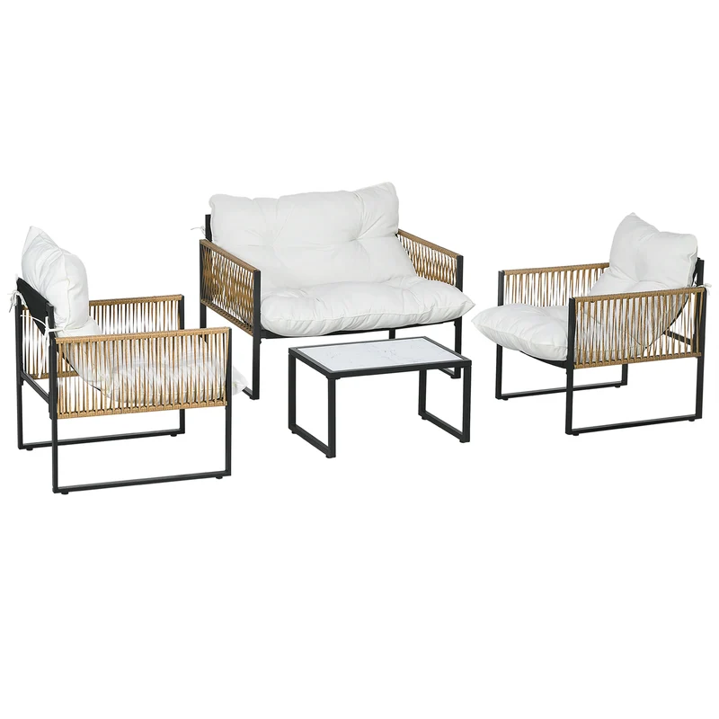 EasyComfort Set da Giardino 4 Pezzi in Rattan con Divanetto, 2 Sedie e Tavolino da Caffè, Nero, Marrone e Crema