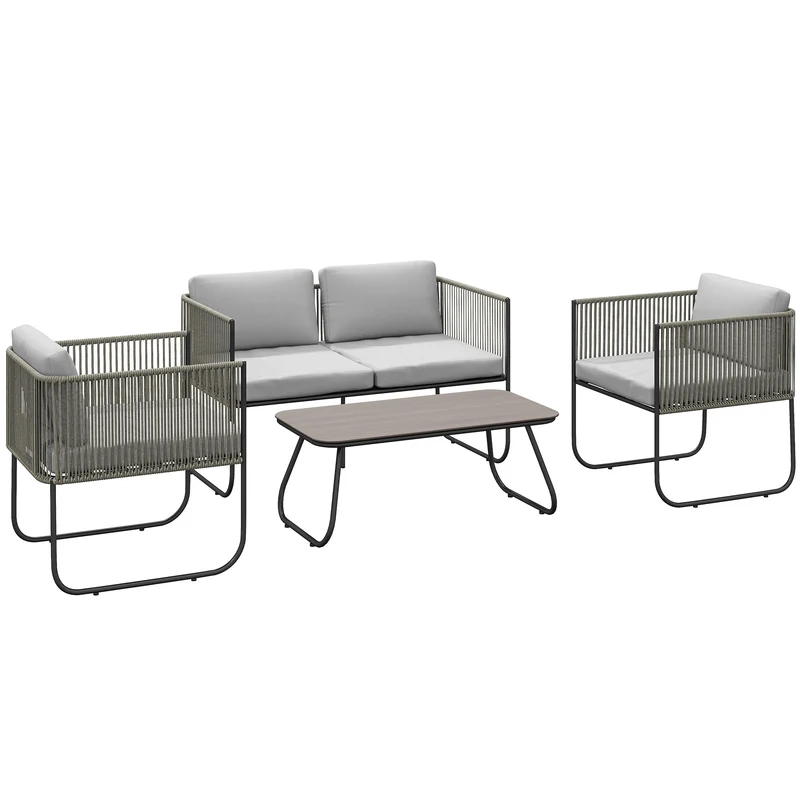 EasyComfort Set da Giardino Rattan con Divanetto 2 Posti, 2 Poltrone e Tavolino in Vetro, Cuscini Sfoderabili, Grigio