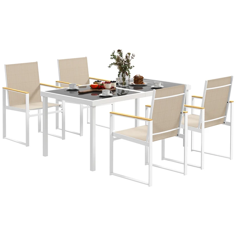 EasyComfort Set da Giardino con Tavolo da Pranzo in Vetro Rettangolare e 4 Sedie con Braccioli, Multicolore
