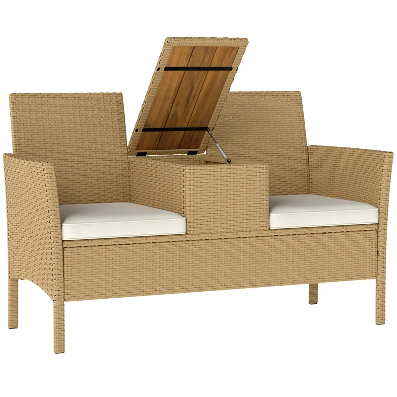 EasyComfort Panca da Giardino con Tavolino a Ribalta Portaoggetti, in Rattan e Acciaio, 134x58x82 cm, Crema e Cachi