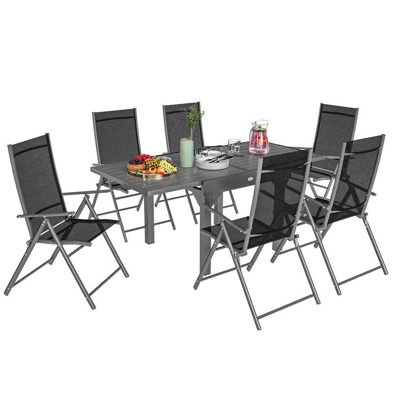EasyComfort Set da Giardino 7 Pezzi con 6 Sedie Pieghevoli e Tavolo Allungabile, in Acciaio, Alluminio e Rete Grigio e Nero