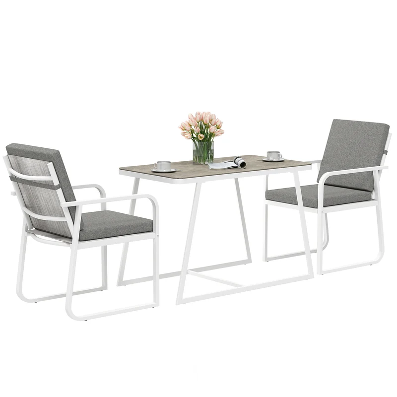 EasyComfort Set da Esterno 3 Pezzi con 2 Sedie con Braccioli e Cuscini e Tavolo con Piano in Vetro, Bianco
