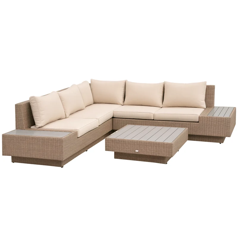 EasyComfort Set da Giardino 4 Pezzi in Rattan, Divano Angolare con Cuscini e Tavolini, Nero e Marrone chiaro