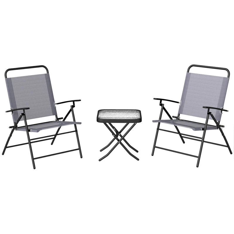 EasyComfort Set da Giardino con Tavolo con Piano in Vetro e 2 Sedie Pieghevoli con Schienale Regolabile, Grigio