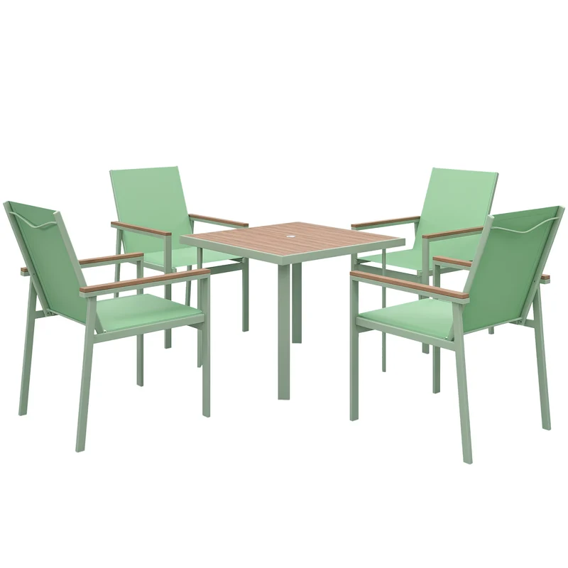 EasyComfort Set da Giardino con Tavolo Quadrato e 4 Sedie con Braccioli in Tessuto a Rete e Acciaio, Verde