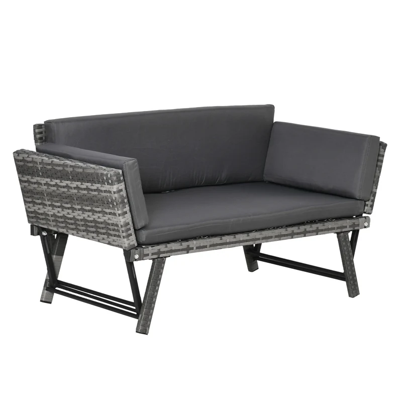 EasyComfort Divano da Giardino 2 Posti in Rattan con Imbottitura e Braccioli Ribaltabili, 129x63x67cm, Grigio