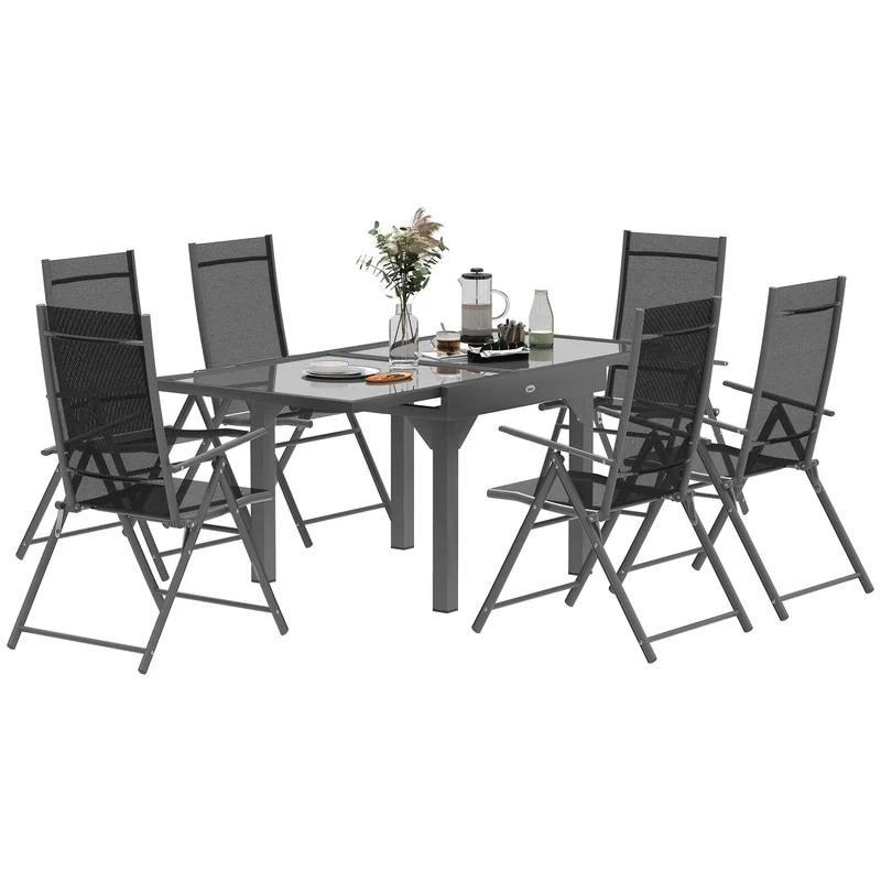 EasyComfort Set da Giardino con Tavolo Allungabile in Vetro e 6 Sedie da Esterno Pieghevoli, Acciaio e Textilene, Grigio