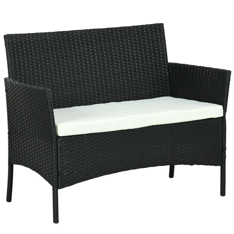 EasyComfort Divano da Giardino a 2 Posti con Cuscino e Braccioli in Rattan PE e Acciaio, 100x54x80cm, Nero