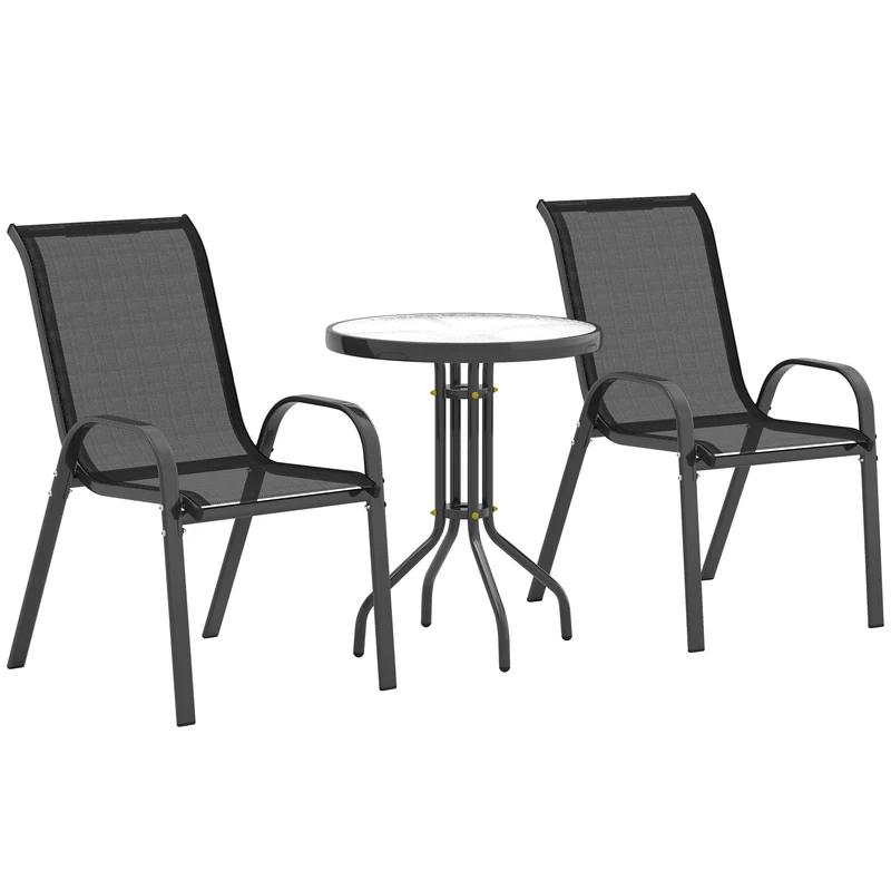 EasyComfort Set da Giardino 3 Pezzi con 2 Sedie da Giardino 54x71x93 cm e Tavolino Rotondo Ø60x71 cm in Acciaio Nero
