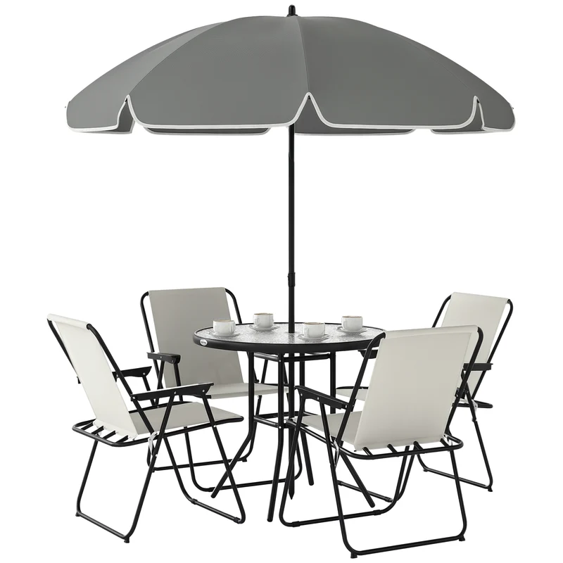 EasyComfort Set da Giardino 6 Pezzi in Acciaio con 4 Sedie Pieghevoli, Ombrellone e Tavolo Rotondo, Crema, Grigio e Nero
