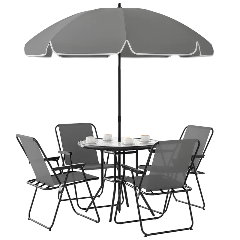 EasyComfort Set da Giardino 6 Pezzi in Acciaio con 4 Sedie Pieghevoli, Ombrellone e Tavolo Rotondo, Grigio e Nero