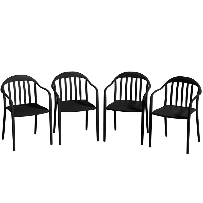 EasyComfort Set 4 Sedie da Giardino Impilabili in PP con Schienale Alto e Braccioli, 57x54x78 cm, Nero