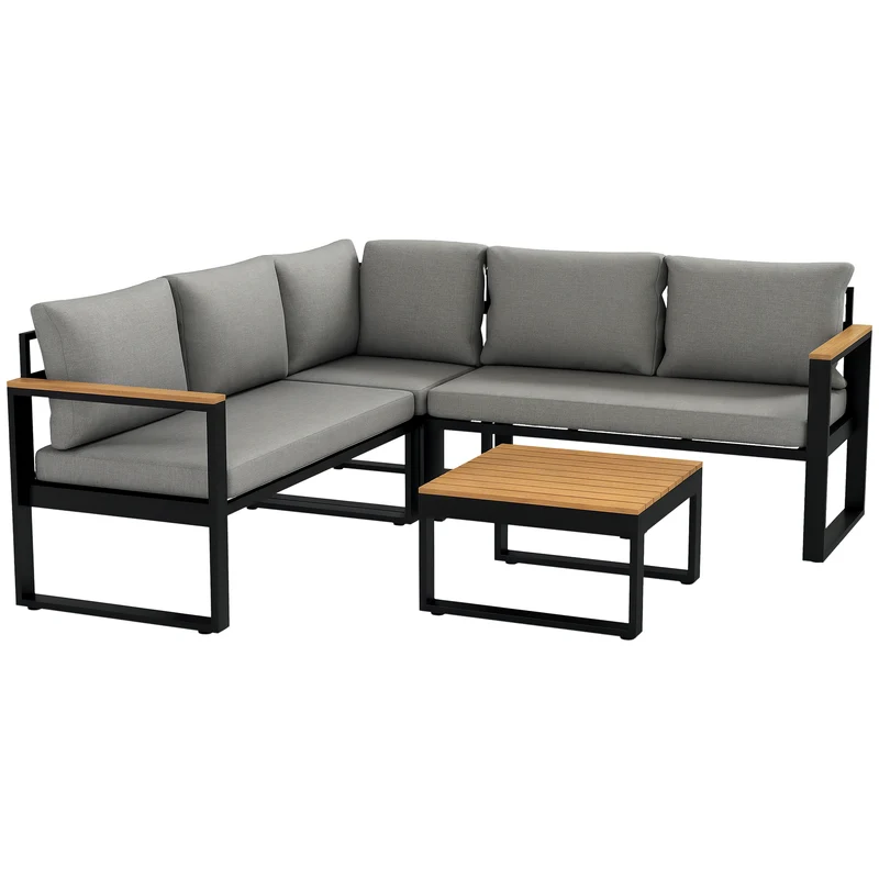 EasyComfort Salotto da Giardino con 2 Divanetti, Seduta Angolare e Tavolino con Piano a Doghe, Grigio