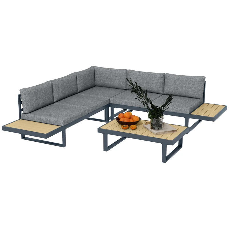 EasyComfort Set da Giardino 4 Pezzi in Alluminio con 2 Divanetti, Poltrona Angolare e Tavolino da Caffè, Grigio e Teak