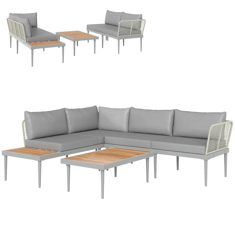 EasyComfort Set da Esterno 3 Pezzi con 2 Divanetti 2 Posti e Tavolino Basso, in Rattan e Acciaio Grigio e color Legno