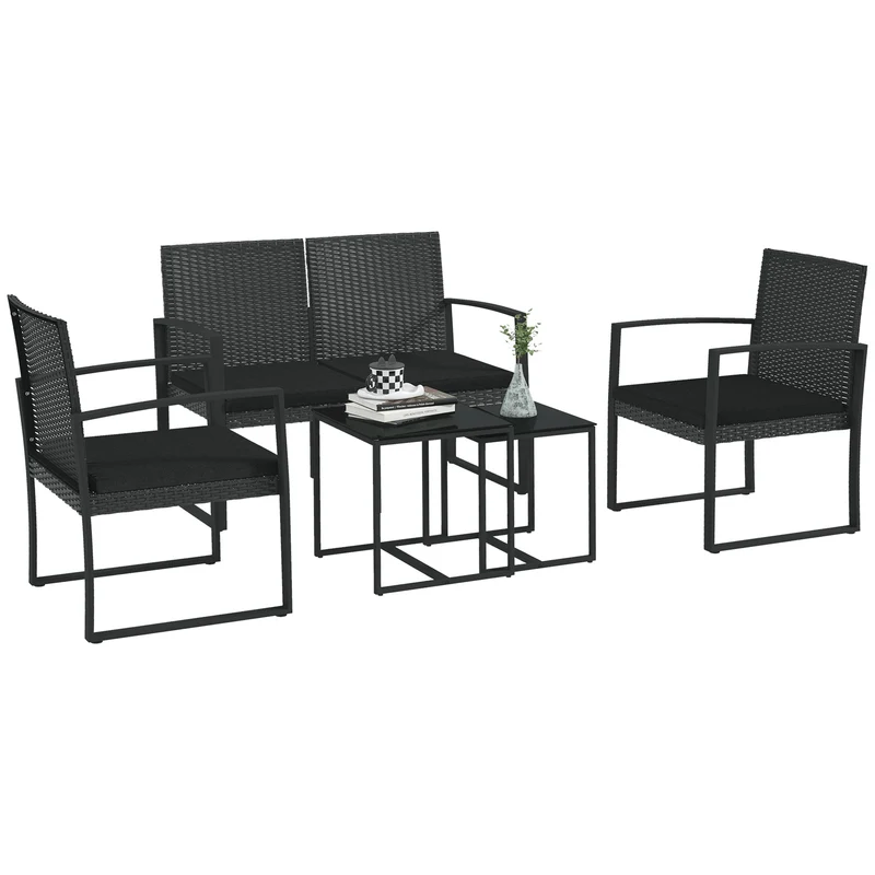 EasyComfort Set da Giardino con 2 Sedie, Divanetto e 2 Tavolini con Cuscini e Piano in Vetro, Nero
