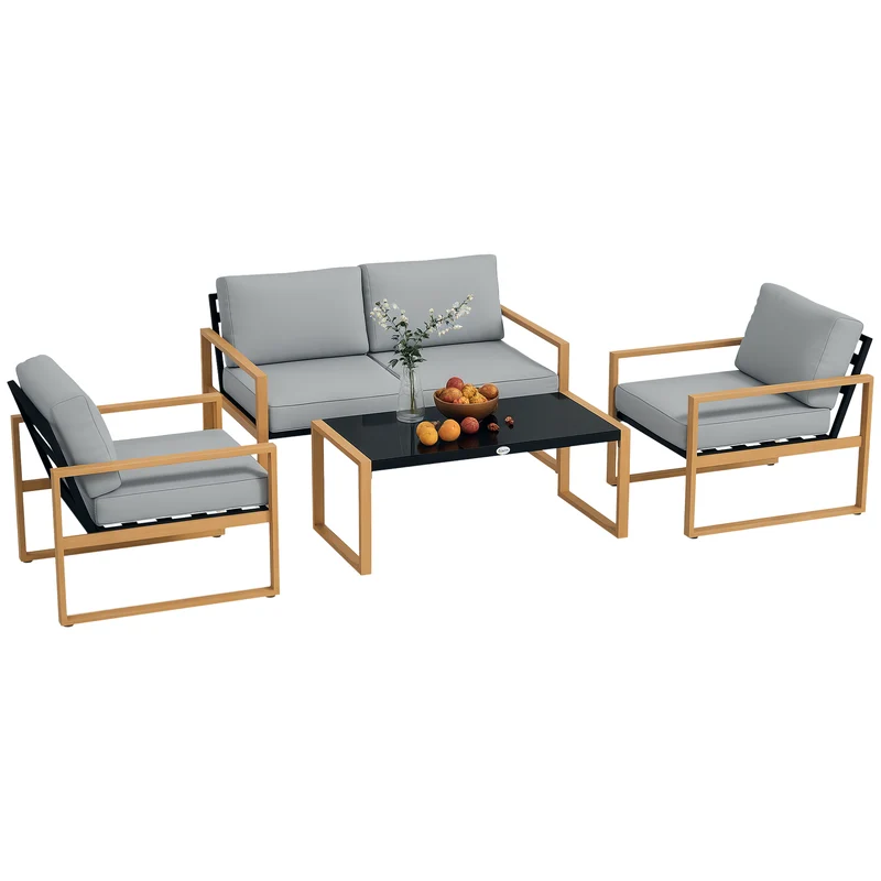 EasyComfort Set da Giardino 4 Pezzi con 2 Poltrone, Divanetto e Tavolino, in Alluminio e Fibra, Grigio e color Legno