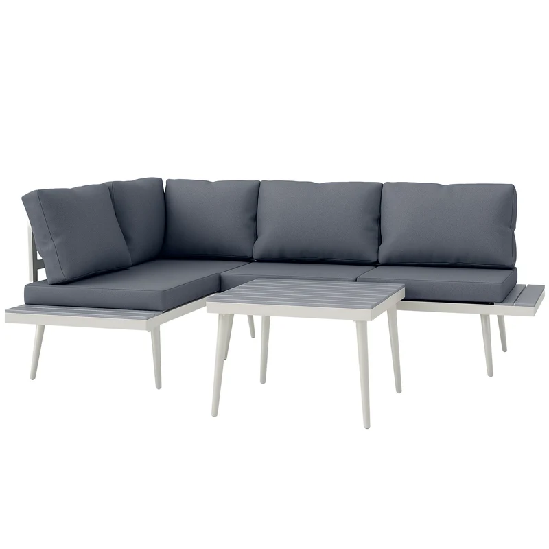 EasyComfort Salotto da Giardino con 2 Divani con Cuscini, Schienale Regolabile a 5 Livelli e Tavolino a Doghe, Grigio