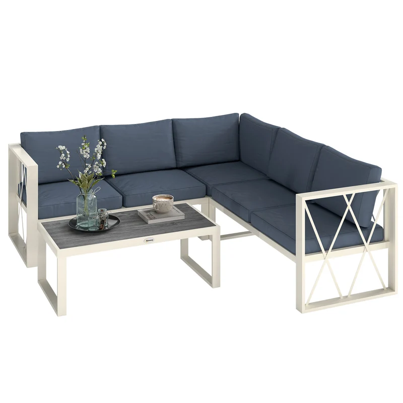 EasyComfort Salotto da Giardino Angolare con Poltrona Reclinabile, 2 Divanetti con Cuscini e Tavolino, Grigio