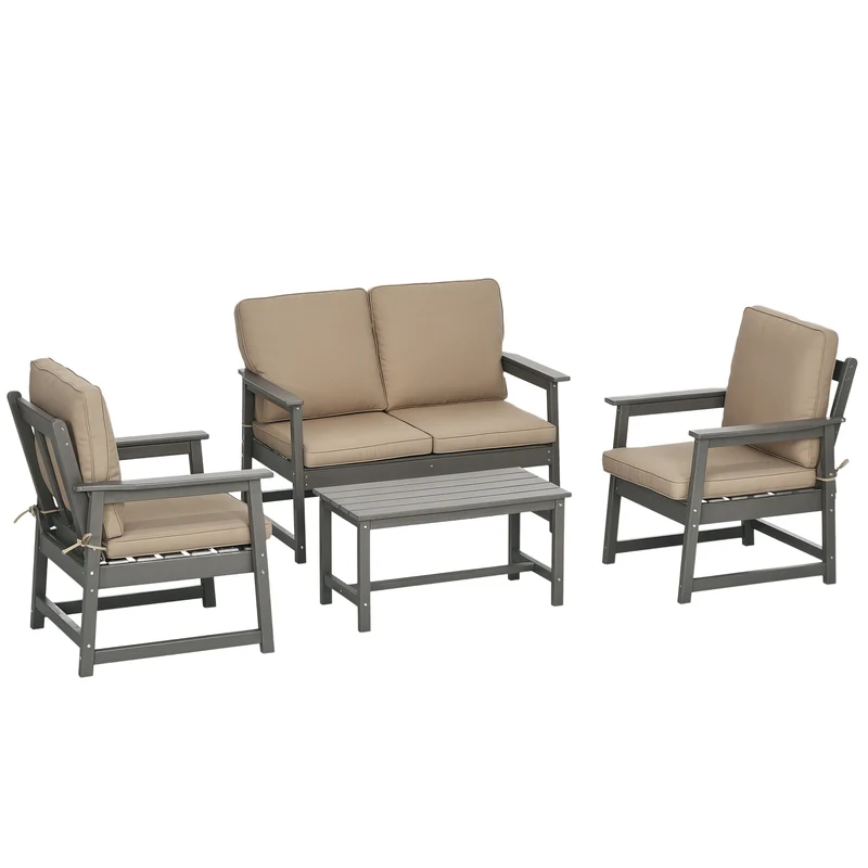 EasyComfort Salotto da Giardino con Divanetto, 2 Poltrone e Tavolino in HDPE con Cuscini, Grigio Scuro