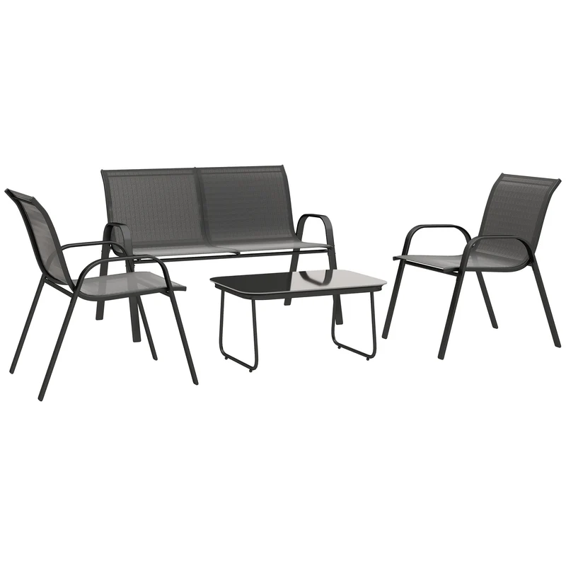 EasyComfort Set da Giardino con Divano 2 Posti, 2 Poltrone Impilabili e Tavolino in Vetro, Nero