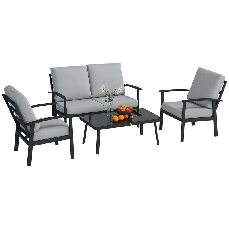 EasyComfort Set da Giardino 4 Pezzi con 2 Poltroncine, Divano 2 Posti e Tavolino, in Alluminio e Fibra, Grigio Carbone