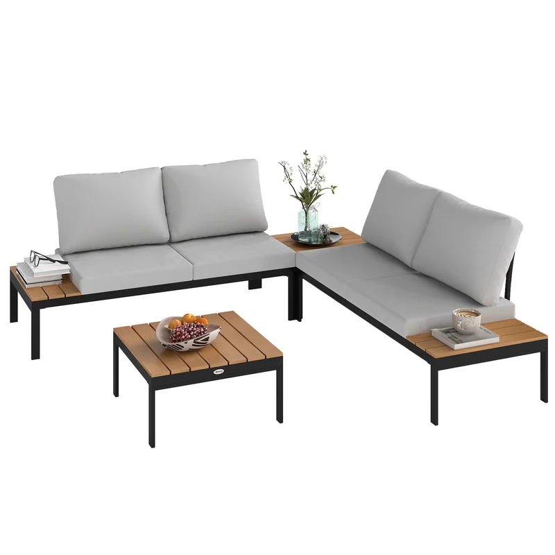 EasyComfort Set da Giardino 4 Pezzi con 2 Divanetti 2 Posti e 2 Tavolini in Metallo e Legno Composito, Grigio Nero e Teak