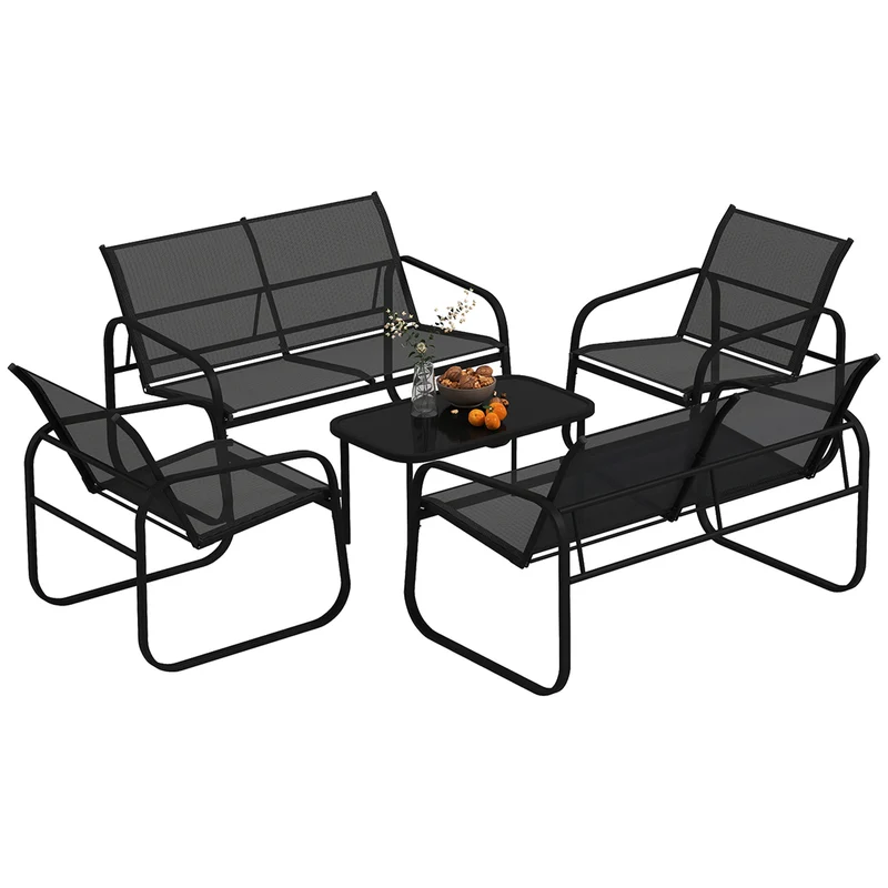 EasyComfort Set da Giardino con 2 Divani 2 Posti, 2 Poltrone e un Tavolino da Caffè con Piano in Vetro, Nero