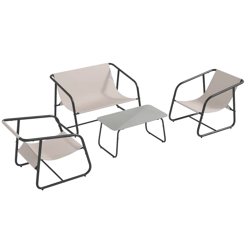 EasyComfort Salotto da Giardino con Divanetto, 2 Poltrone e Tavolino in Acciaio e Tessuto a Rete, Crema