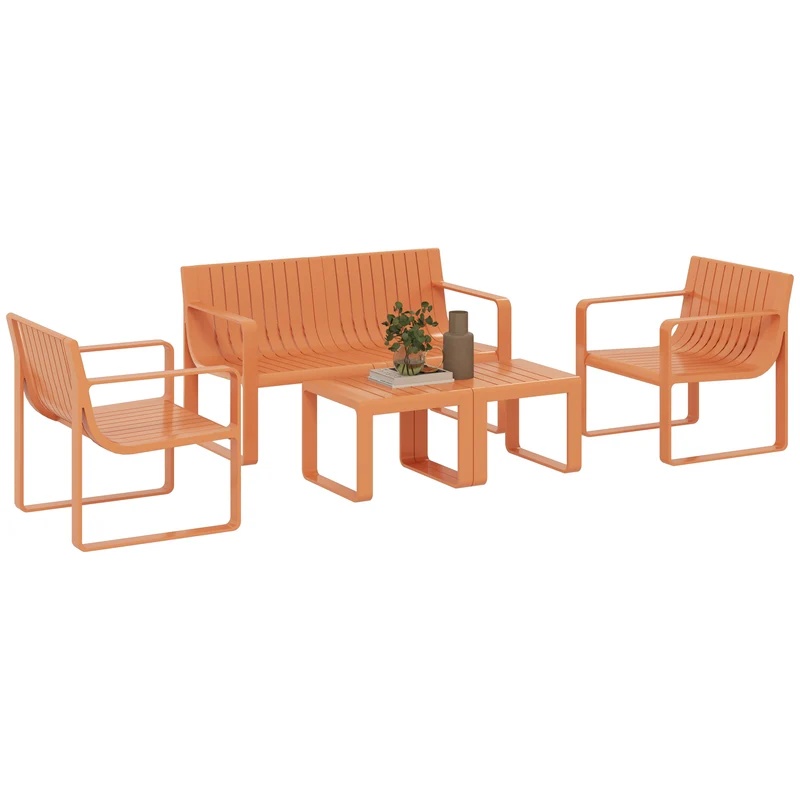 EasyComfort Set da Giardino 5 Pezzi a Doghe con Divanetto, 2 Poltroncine e 2 Tavolini in Polipropilene Arancione