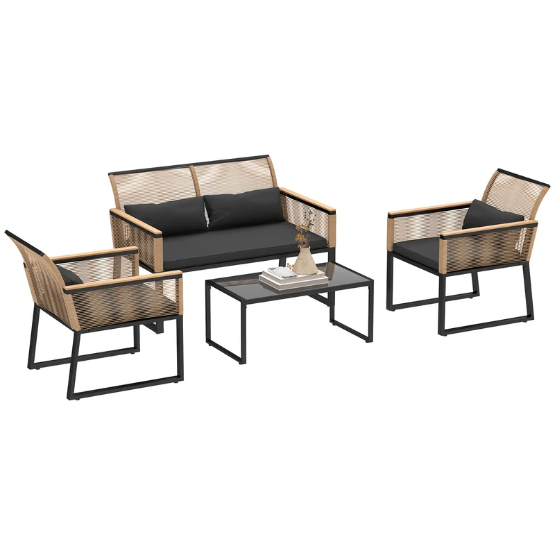 EasyComfort Salotto da Giardino in Rattan PE con Divano 2 Posti, 2 Poltrone, Tavolino in Vetro e Cuscini, Nero