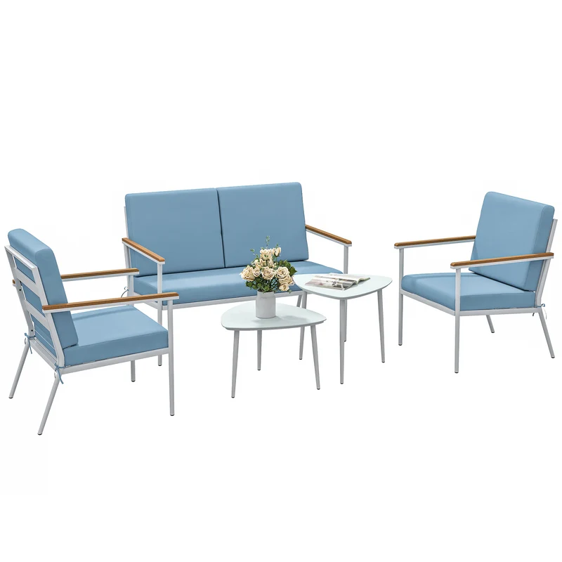 EasyComfort Set da Esterno con Divano 2 Posti, 2 Poltrone e 2 Tavolini da Caffè in Vetro, Azzurro