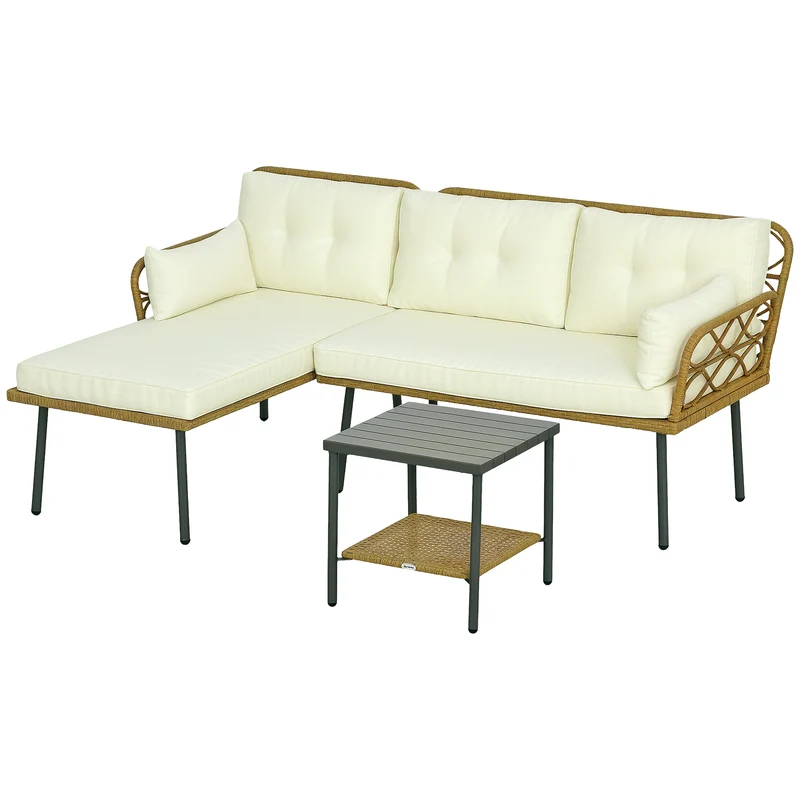 EasyComfort Salotto da Giardino in Rattan PE con Chaise Longue, Divano 2 Posti e Tavolino, Crema