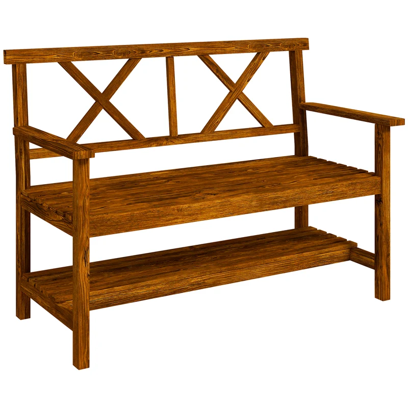 EasyComfort Panchina da Giardino 2 Posti in Legno con Ripiano e Braccioli, 125x58x88cm, Legno