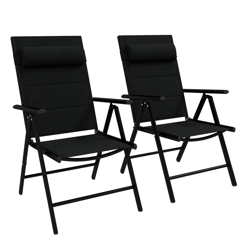 EasyComfort Set 2 Sedie Pieghevoli con Schienale Reclinabile e Poggiatesta, in Alluminio e Poliestere, 54x67x108 cm, Nero