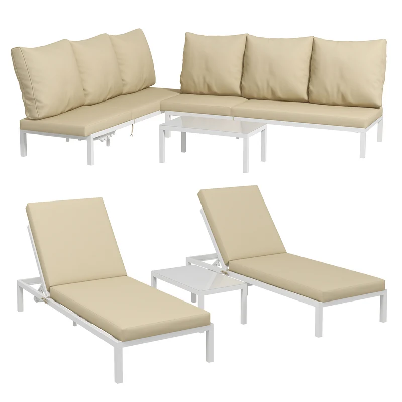 EasyComfort Set 2 Lettini Prendisole con Schienale Regolabile e Tavolino da Giardino in Vetro, Beige