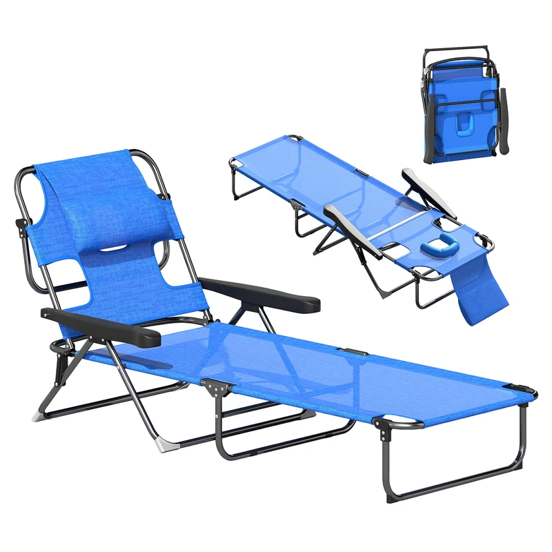 EasyComfort Sdraio da Giardino Pieghevole con Schienale Regolabile, Cuscino e Foro per Viso, Blu Scuro