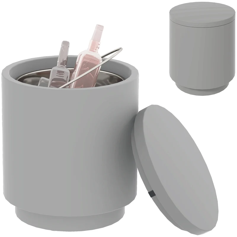 EasyComfort Tavolino Multiuso con Secchiello Ghiaccio e Coperchio, in Cemento e Acciaio Inox, Ø37.5x43.5 cm, Grigio Chiaro