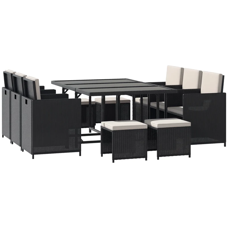 EasyComfort Set 11 PZ Mobili da Giardino in Rattan da Esterno con Tavolo in Vetro Temperato e Cuscini, Set da Pranzo, Nero