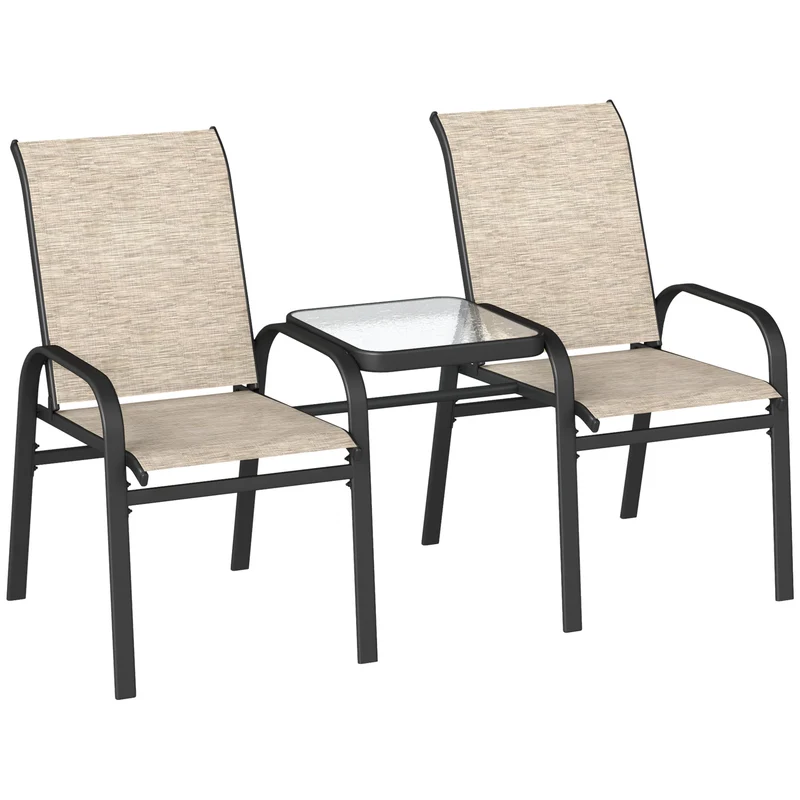 EasyComfort Panchina 2 Posti da Giardino con Braccioli, Schienale Alto e Tavolino Basso Centrale in Vetro, Marrone e Nero