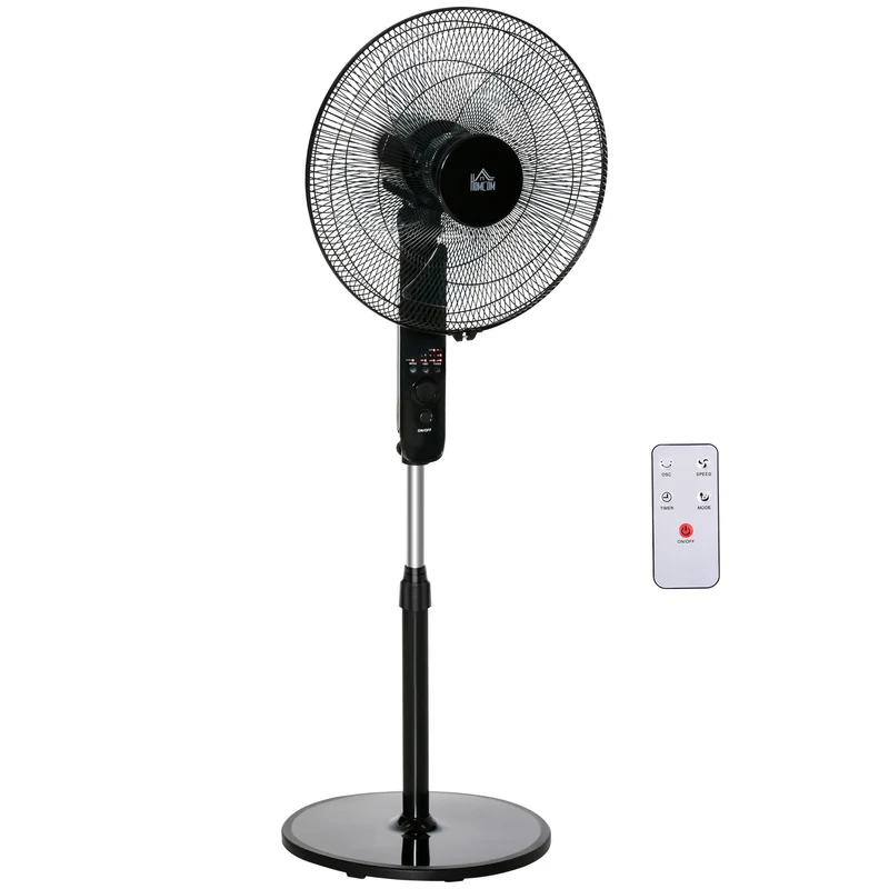Ventilatore a Piantana 3 Velocità con Telecomando Angolo di Inclinazione Regolabile in Metallo Nero