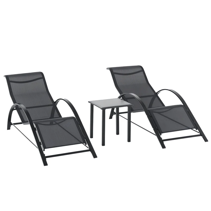 EasyComfort Set 2 Lettini Prendisole e Tavolino con Ripiano, in Tessuto Traspirante e Metallo, 59x169x66 cm, Nero